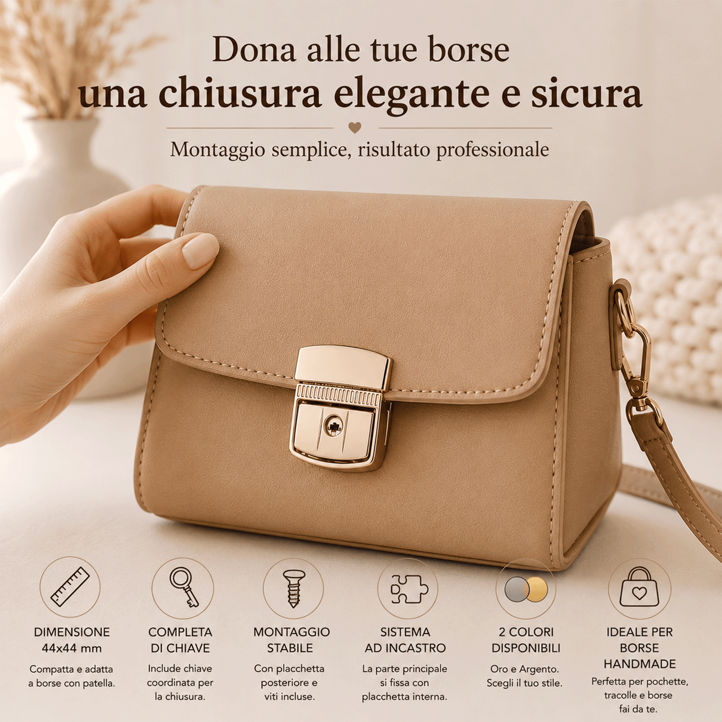 foto ambientata Chiusura a pulsante con chiave MAS 44x44 mm per borse handmade