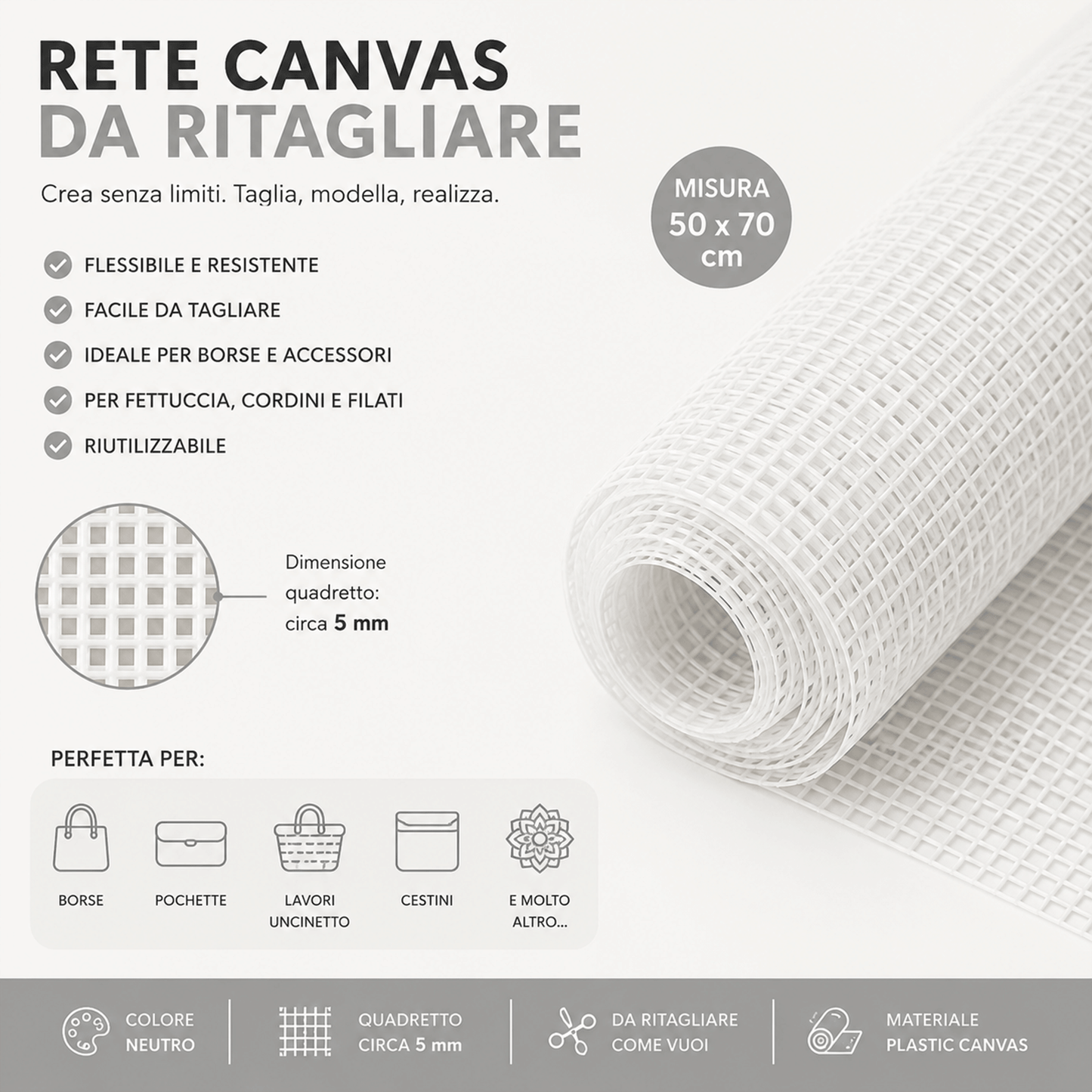Rete Canvas Rigida 50x70 cm | Griglia Plastica da Ritagliare per Borse e Hobby Creativi