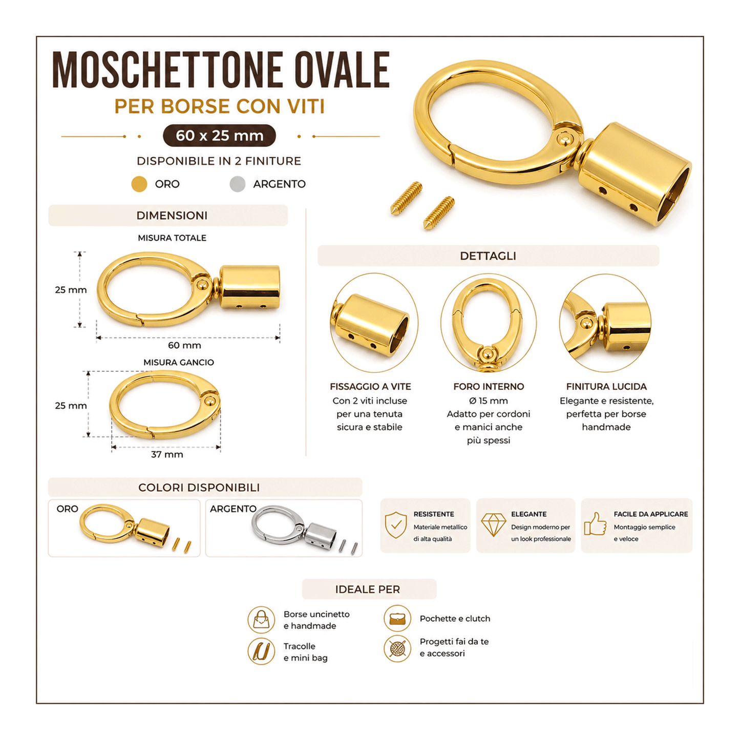 Moschettone Ovale per Borse con Viti 60x25 mm
