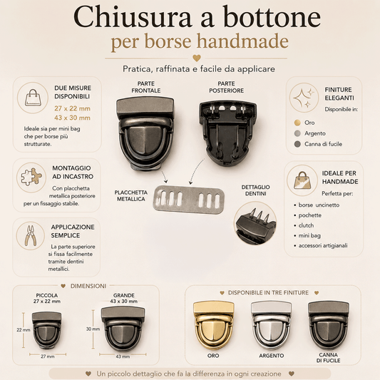 Chiusura a Bottone per Borse con Placchetta ad Incastro – 27x22 mm / 43x30 mm – Oro, Argento e Canna di Fucile
