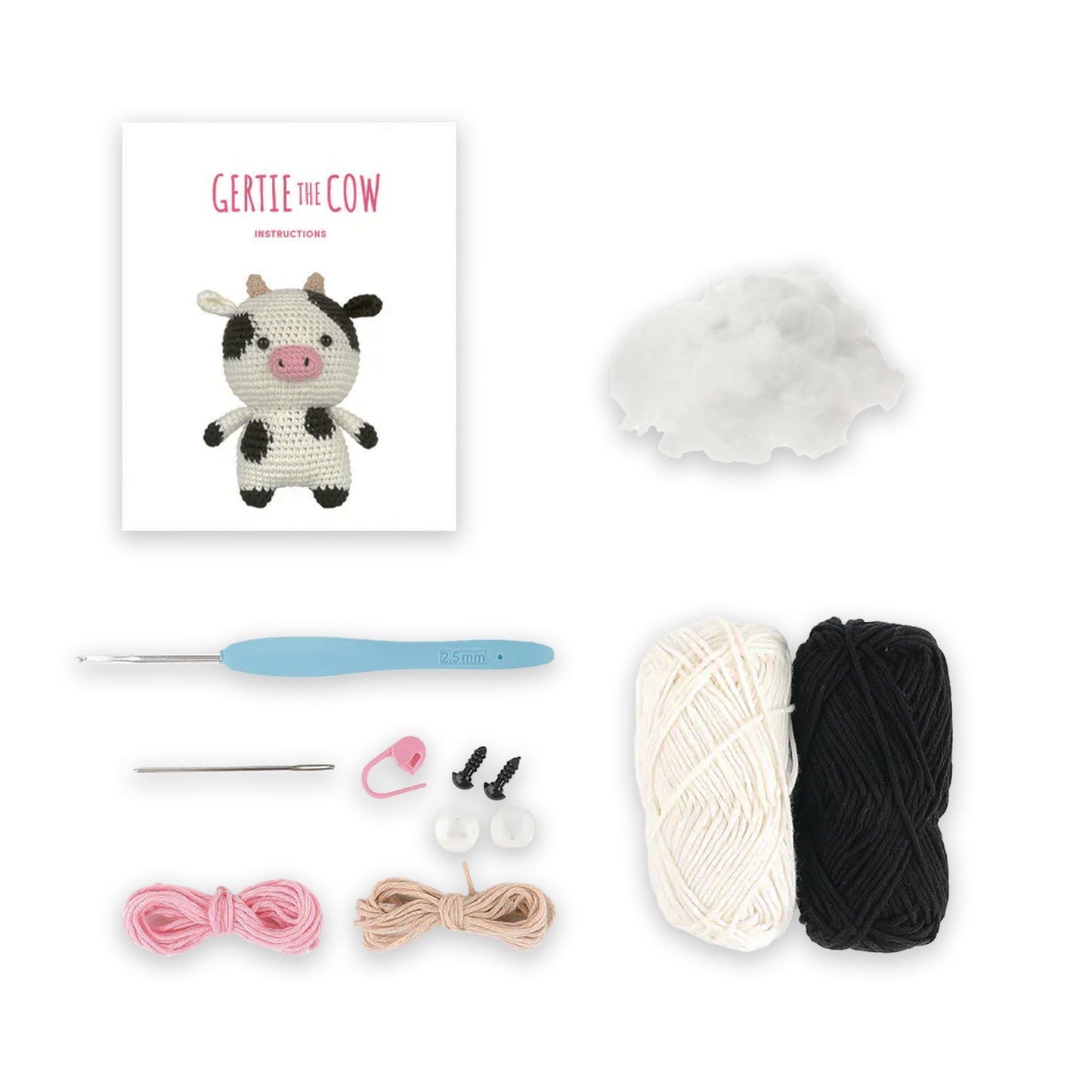 Contenuto kit Gertie the Cow con filati e accessori