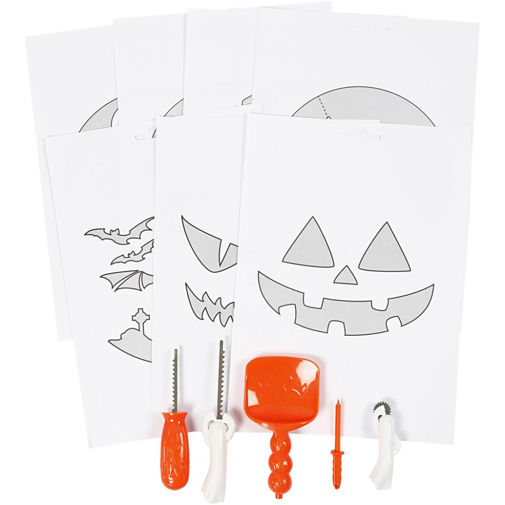 Kit intaglio zucca Halloween – 5 attrezzi e 7 sagome