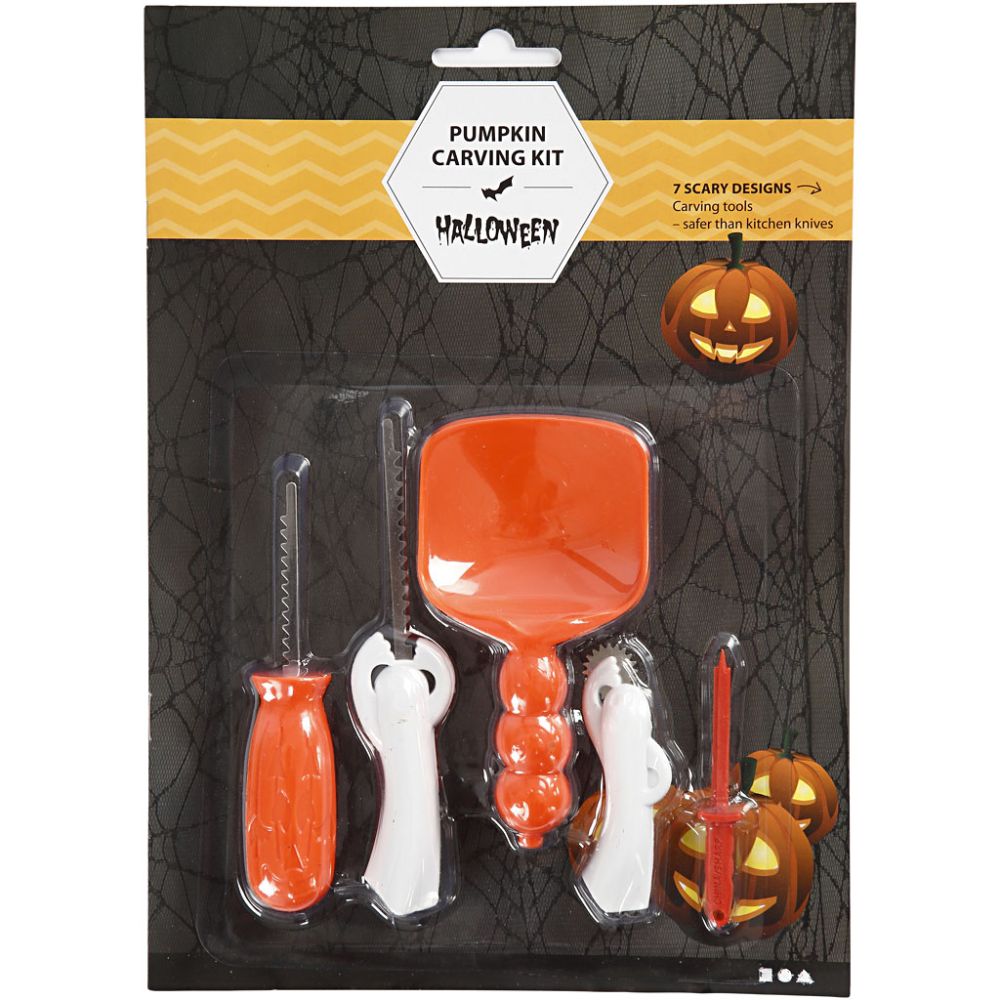 Kit intaglio zucca Halloween – 5 attrezzi e 7 sagome