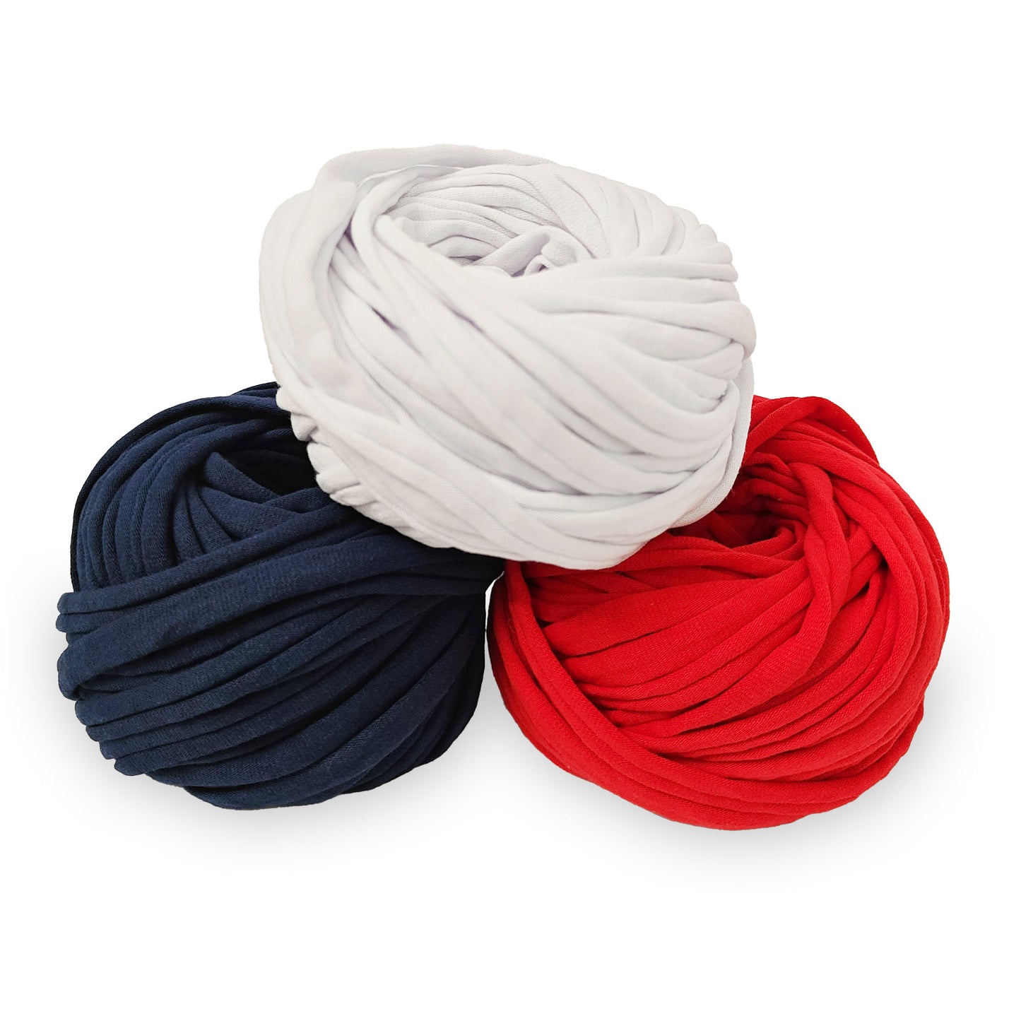 kit fettuccia bobilon 3 colori filato t-shirt per borse e cestini all’uncinetto bianco rosso blu