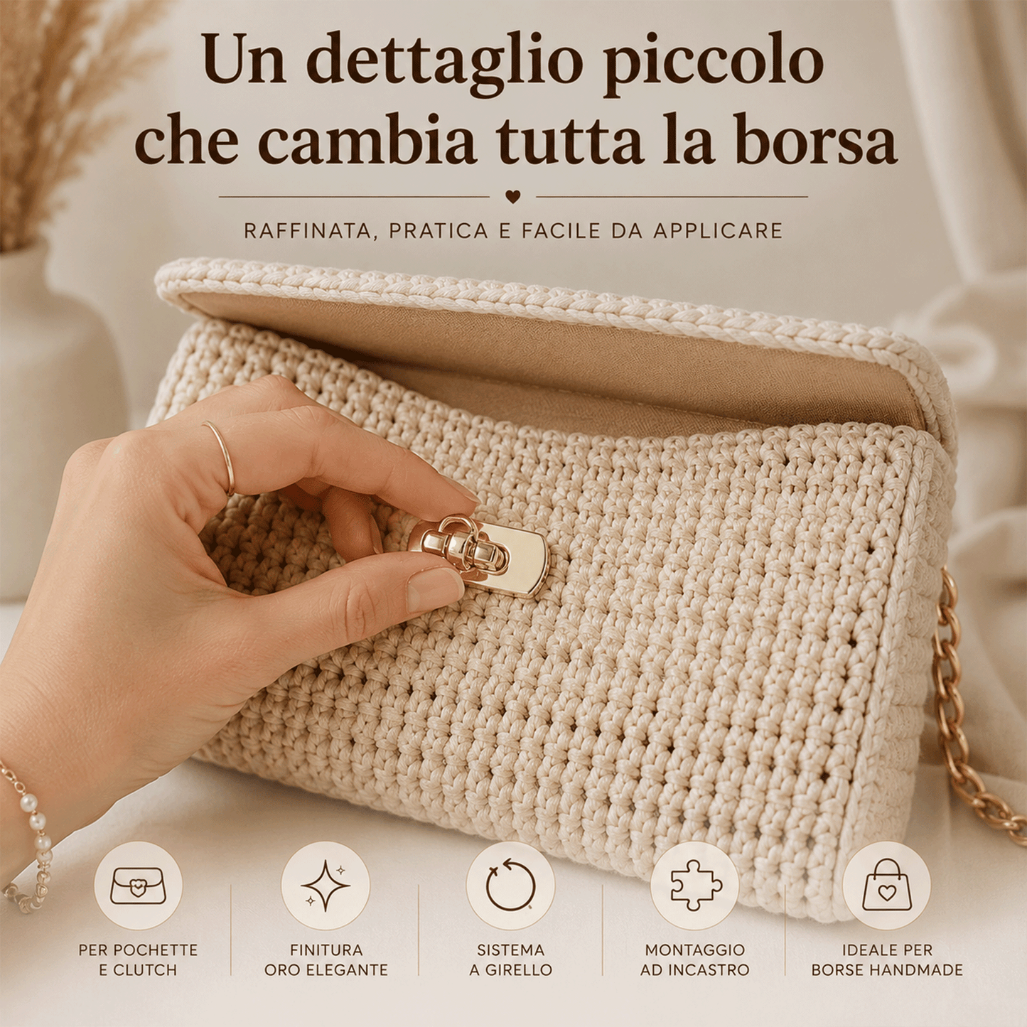 Chiusura a girello oro montata su borsa con patta elegante