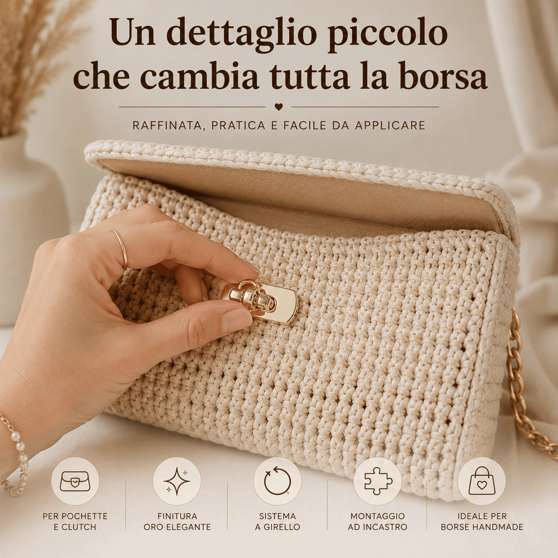 Chiusura a girello oro montata su borsa con patta elegante
