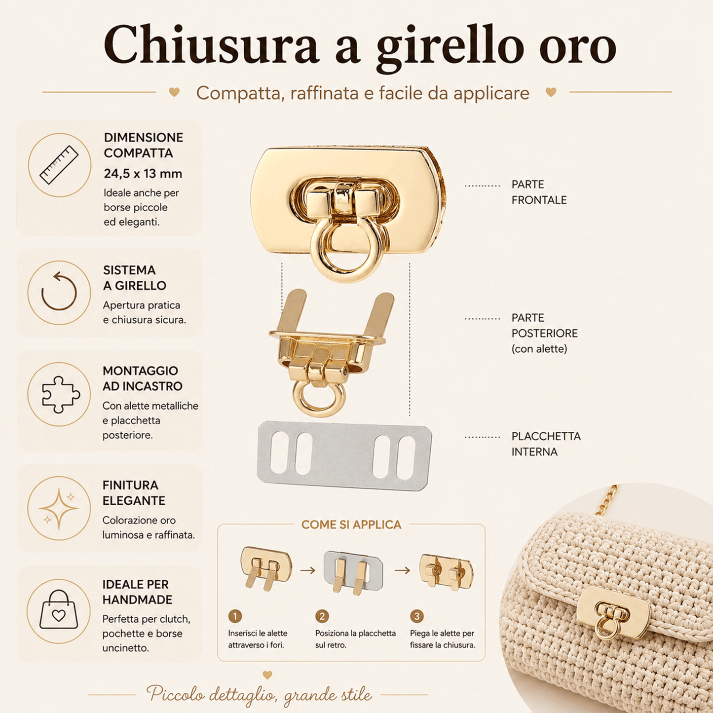 Dimensione reale della chiusura a girello oro compatta per clutch e mini bag
