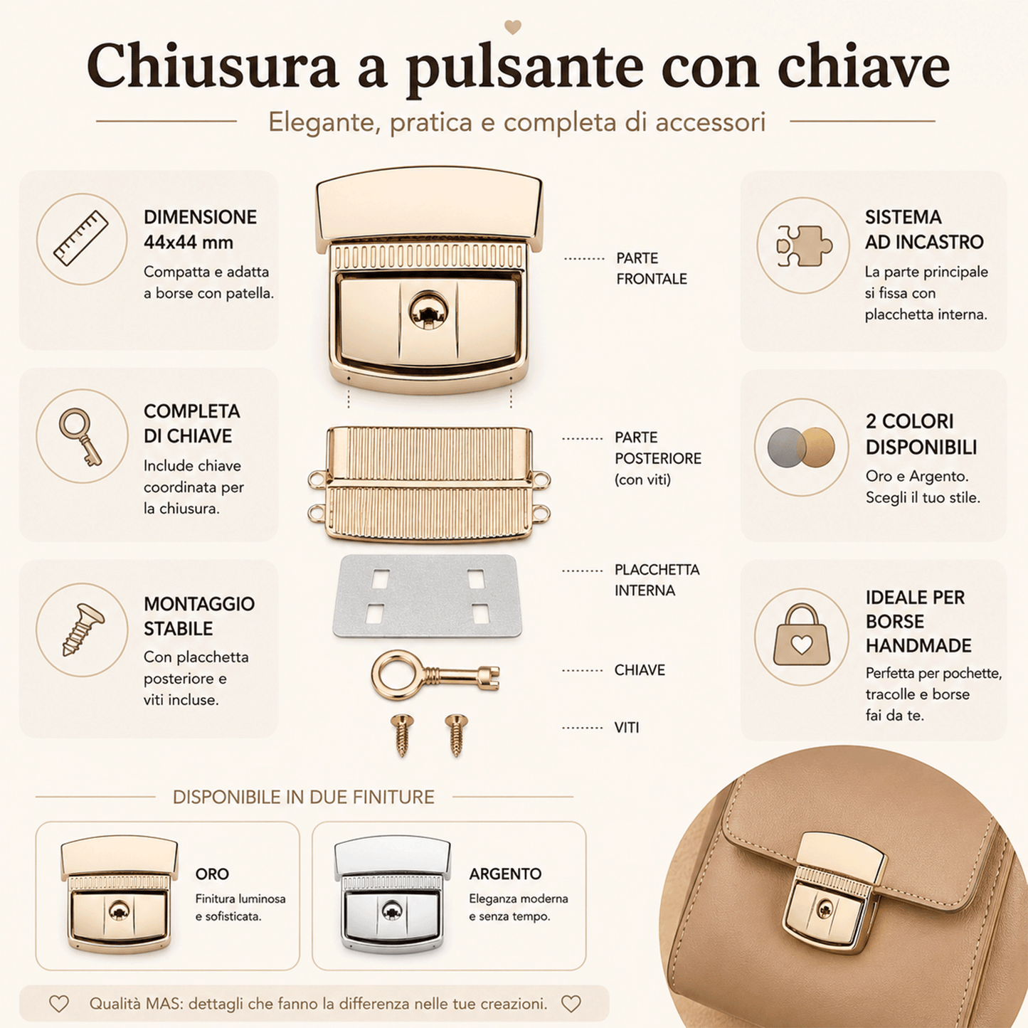 Infografica Chiusura a pulsante con chiave MAS 44x44 mm per borse handmade