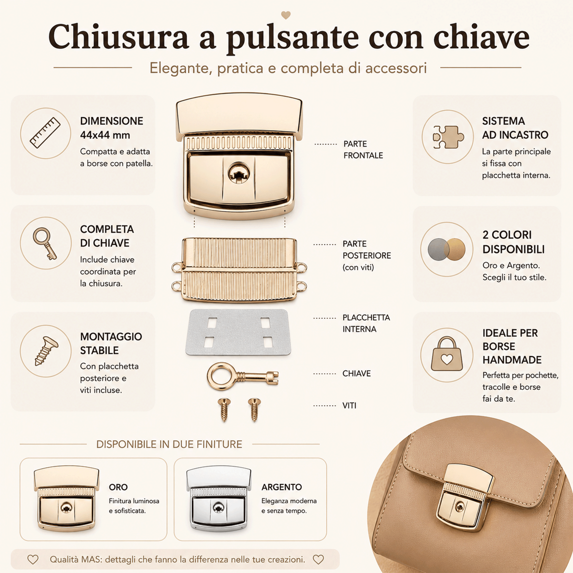 Infografica Chiusura a pulsante con chiave MAS 44x44 mm per borse handmade