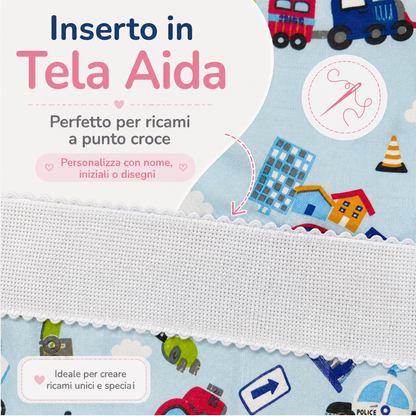 sacchetto asilo con inserto in tela aida filet  da ricamare a mano