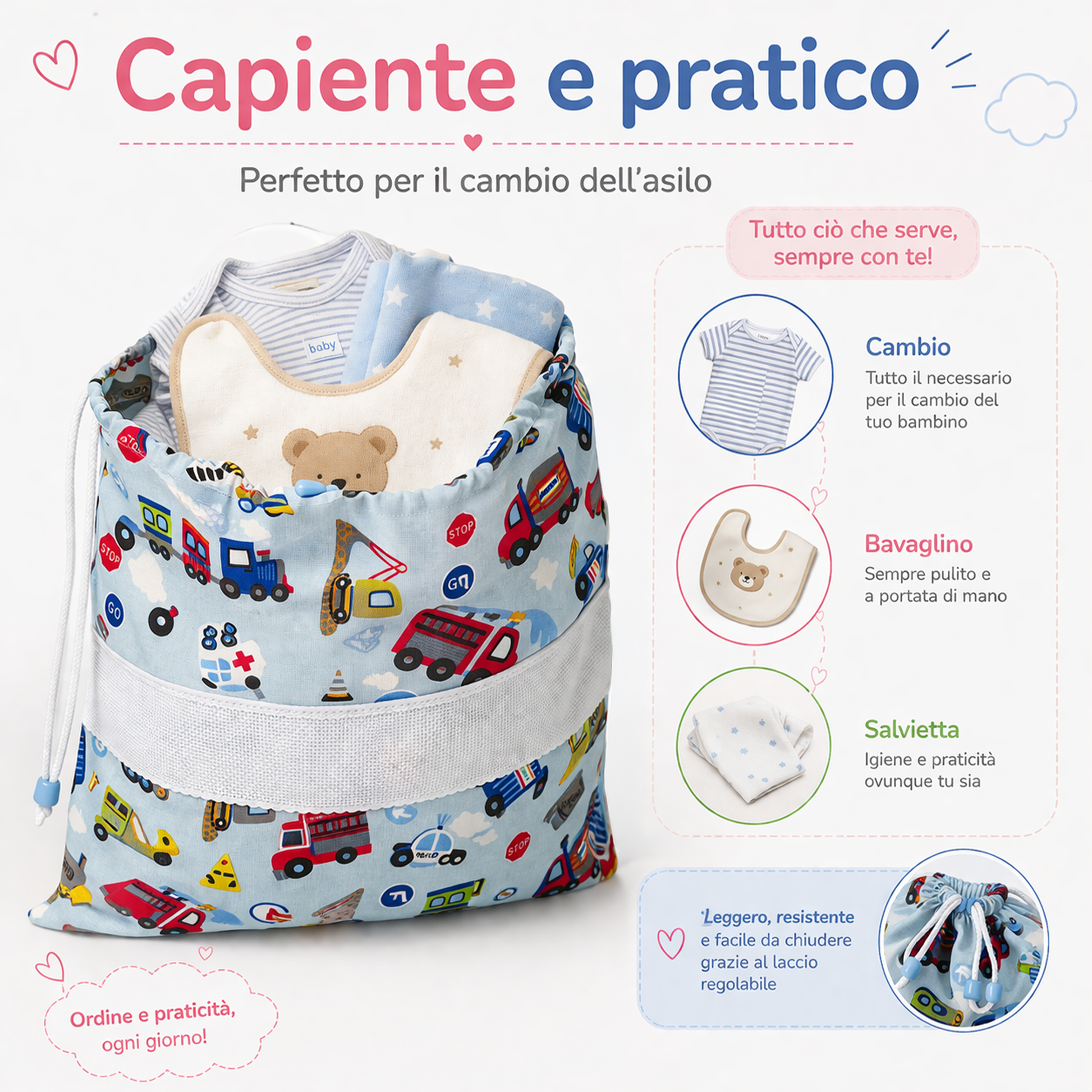 sacchetto asilo con inserto in tela aida filet capiente 