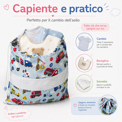sacchetto asilo con inserto in tela aida filet capiente 