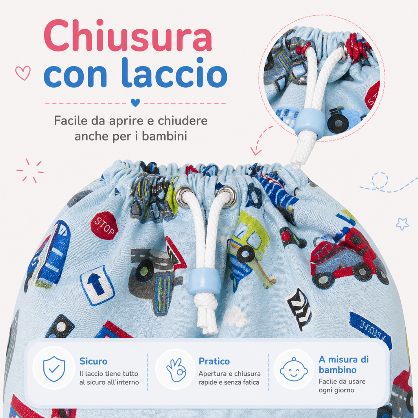 sacchetto asilo con inserto in tela aida filet  con laccio