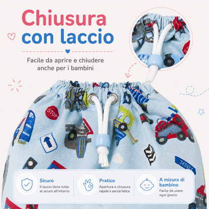 sacchetto asilo con inserto in tela aida filet  con laccio