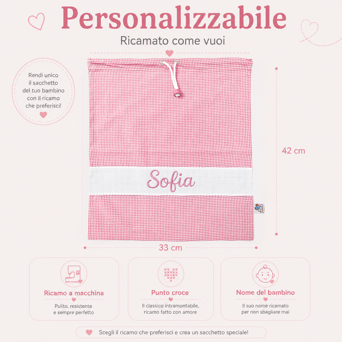 Sacchetto asilo Vichy rosa personalizzato con nome ricamato Sofia