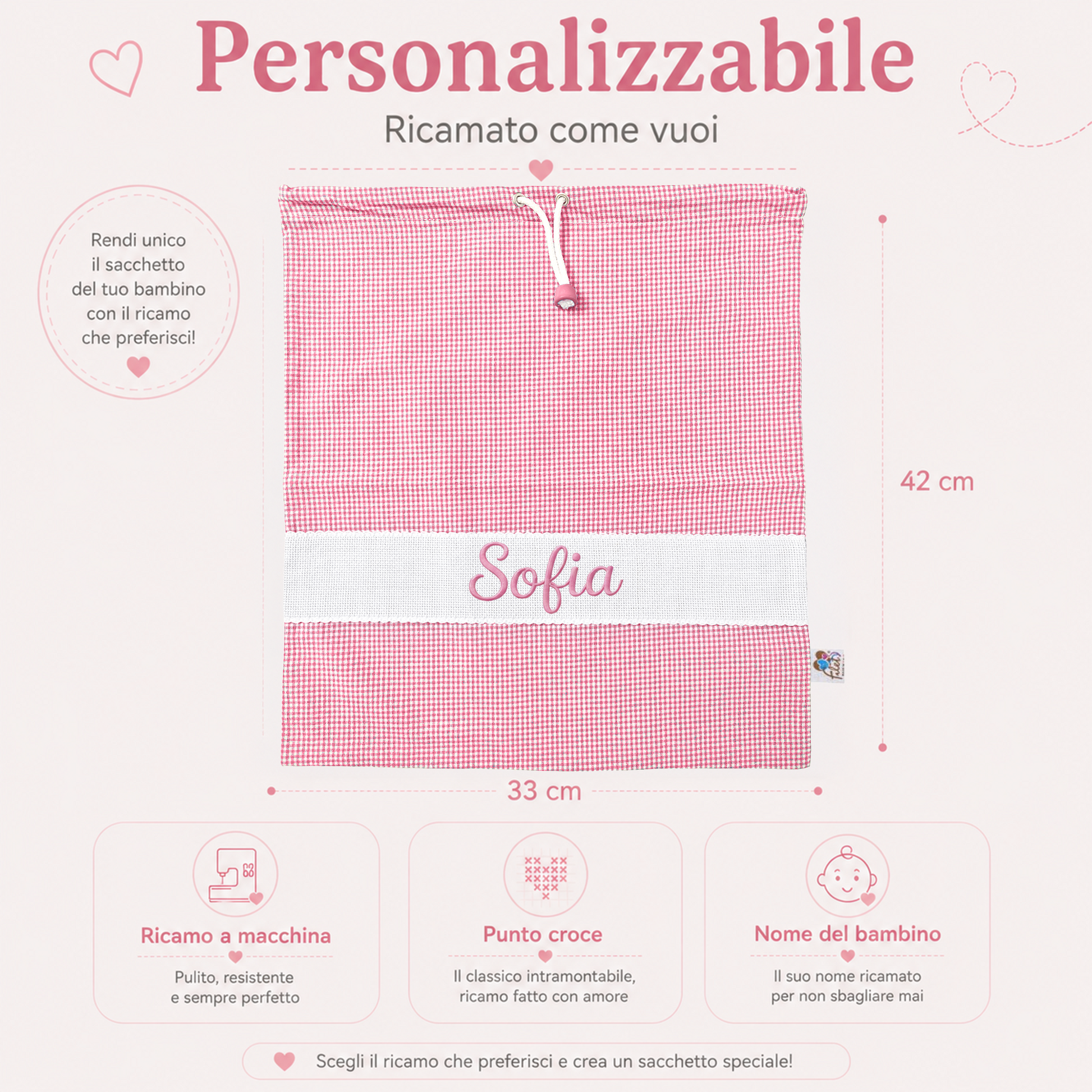 Sacchetto asilo Vichy rosa personalizzato con nome ricamato Sofia