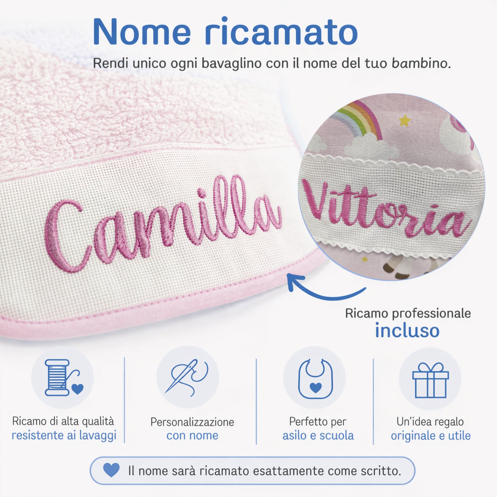 Dettaglio tela Aida su bavaglino asilo personalizzabile con ricamo