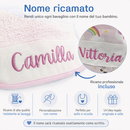 Dettaglio tela Aida su bavaglino asilo personalizzabile con ricamo
