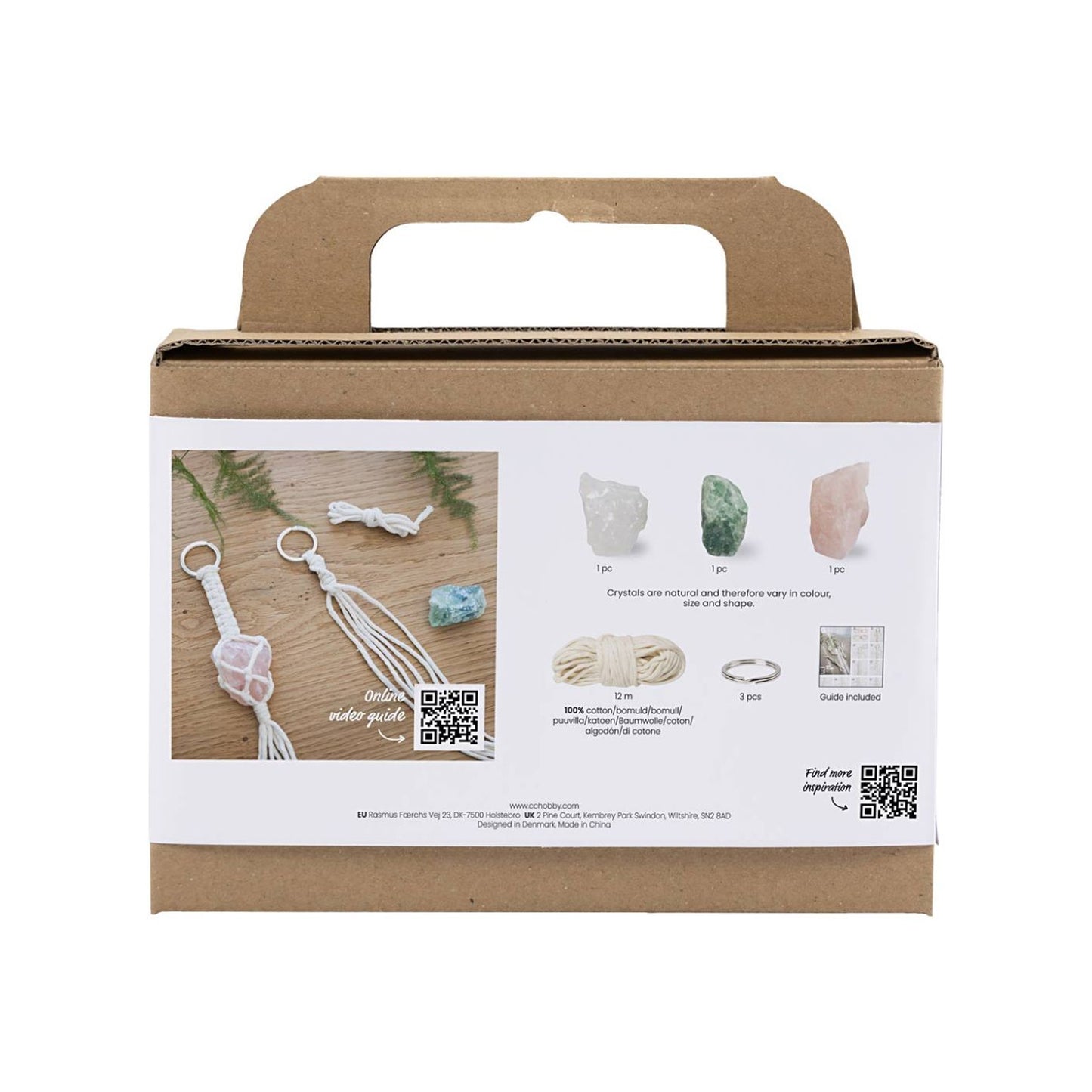 Portachiavi macramè con quarzo rosa aventurina e cristallo di rocca