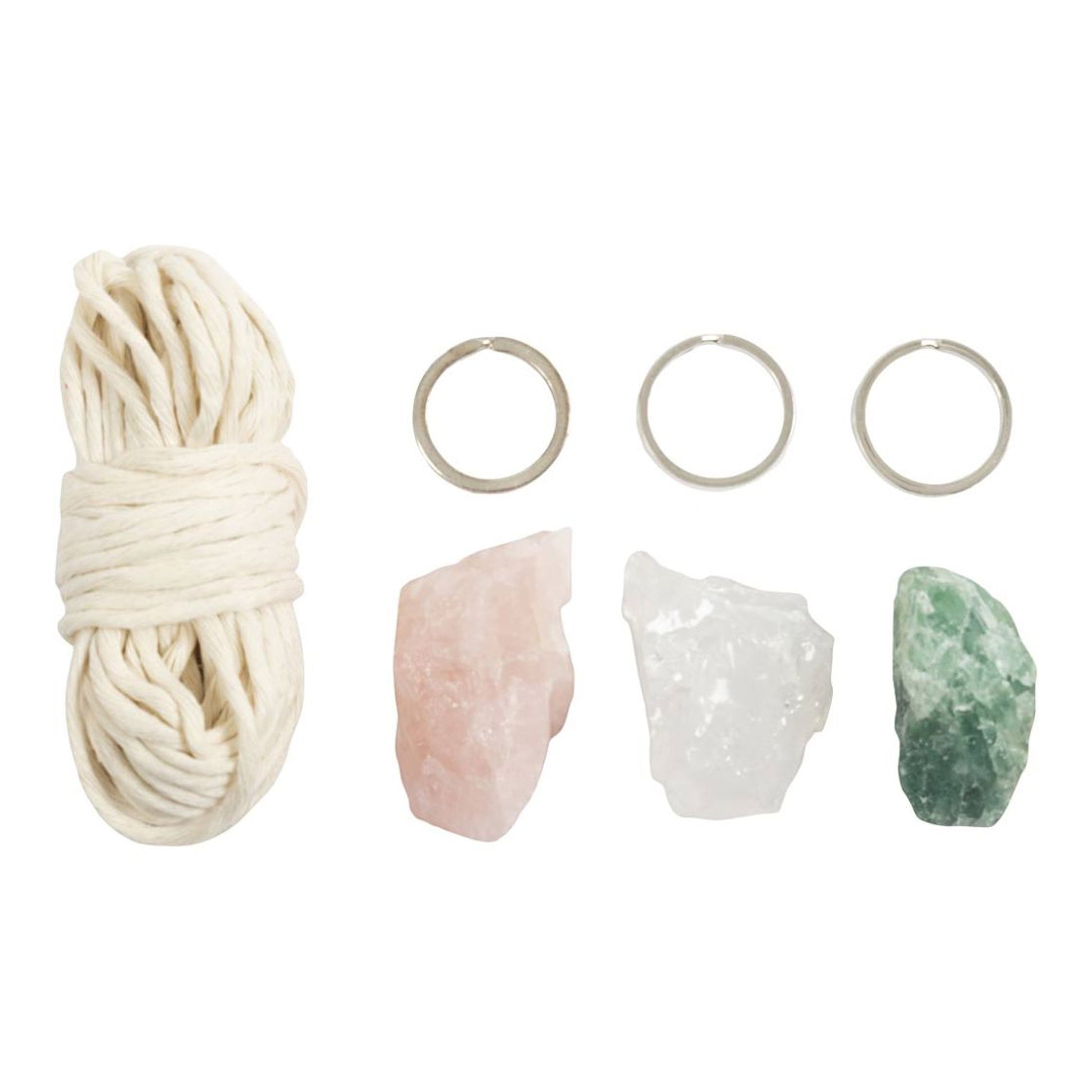 Portachiavi macramè con quarzo rosa aventurina e cristallo di rocca