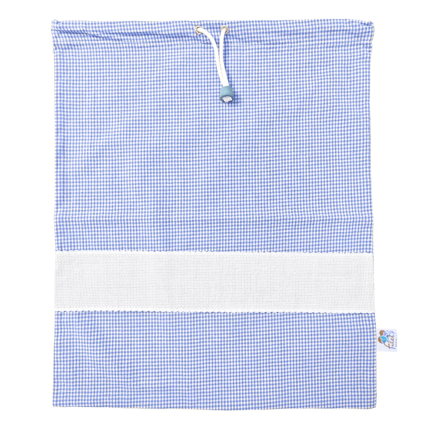 Sacchetto asilo Vichy azzurro con tela Aida da ricamare e chiusura con laccio Filet