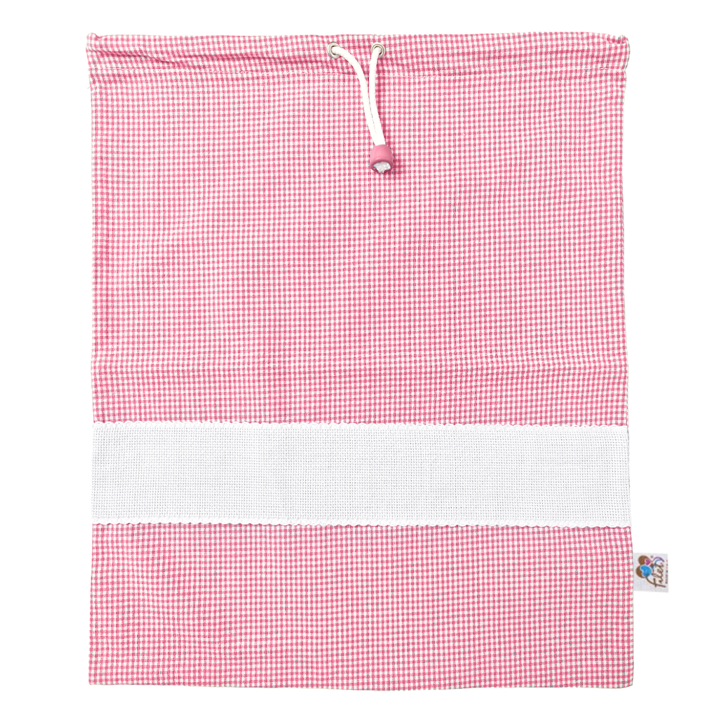 Sacchetto asilo Vichy rosa con tela Aida da ricamare e chiusura con laccio Filet