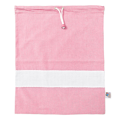 Sacchetto asilo Vichy rosa con tela Aida da ricamare e chiusura con laccio Filet