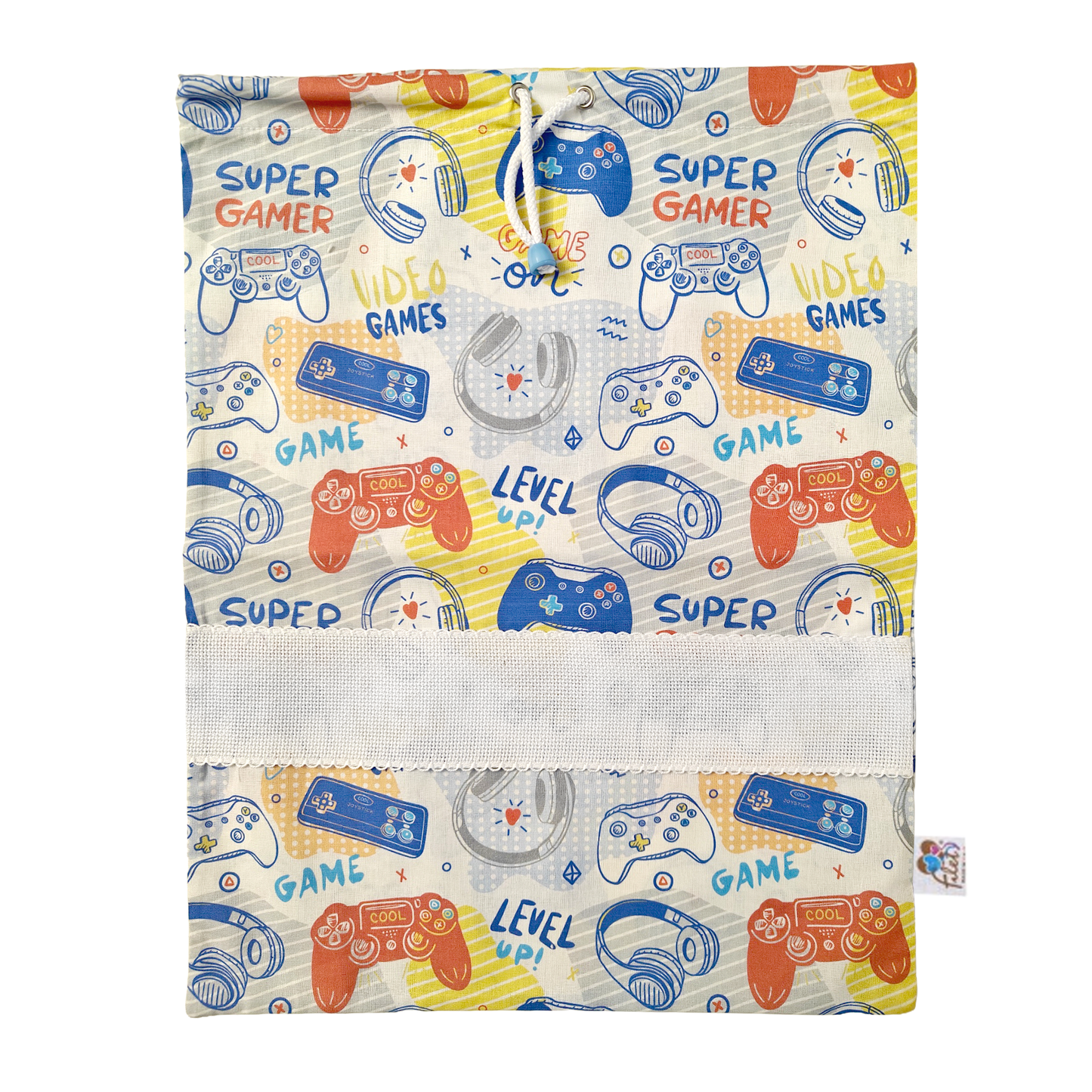 Sacchetto asilo in cotone grigio fantasia gamer con tela Aida ricamabile