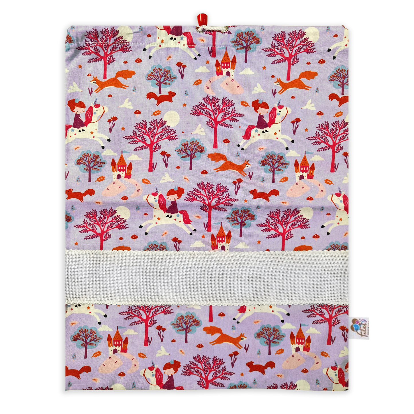 Sacchetto asilo in cotone lilla fantasia princess unicorn con tela Aida ricamabile
