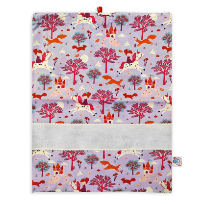 Sacchetto asilo in cotone lilla fantasia princess unicorn con tela Aida ricamabile
