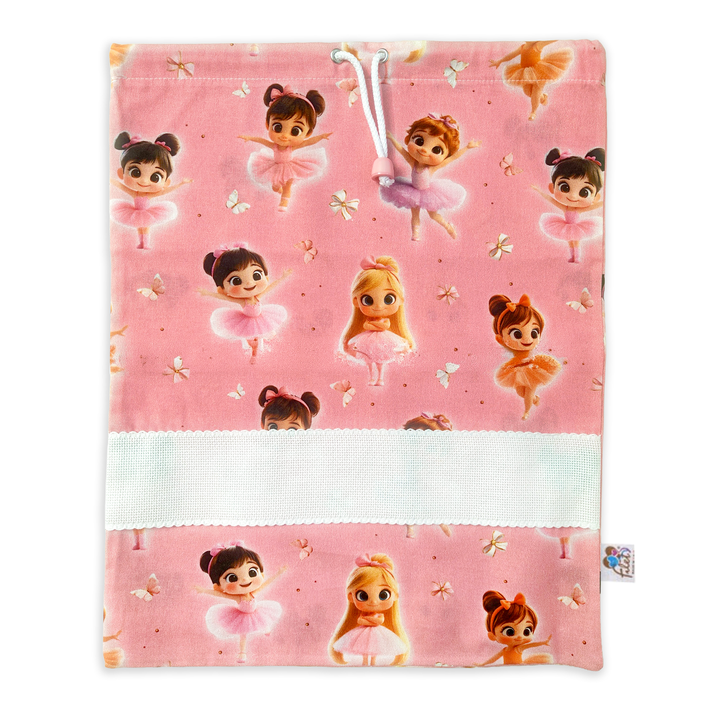 Sacchetto asilo in cotone rosa fantasia ballerine con tela Aida ricamabile