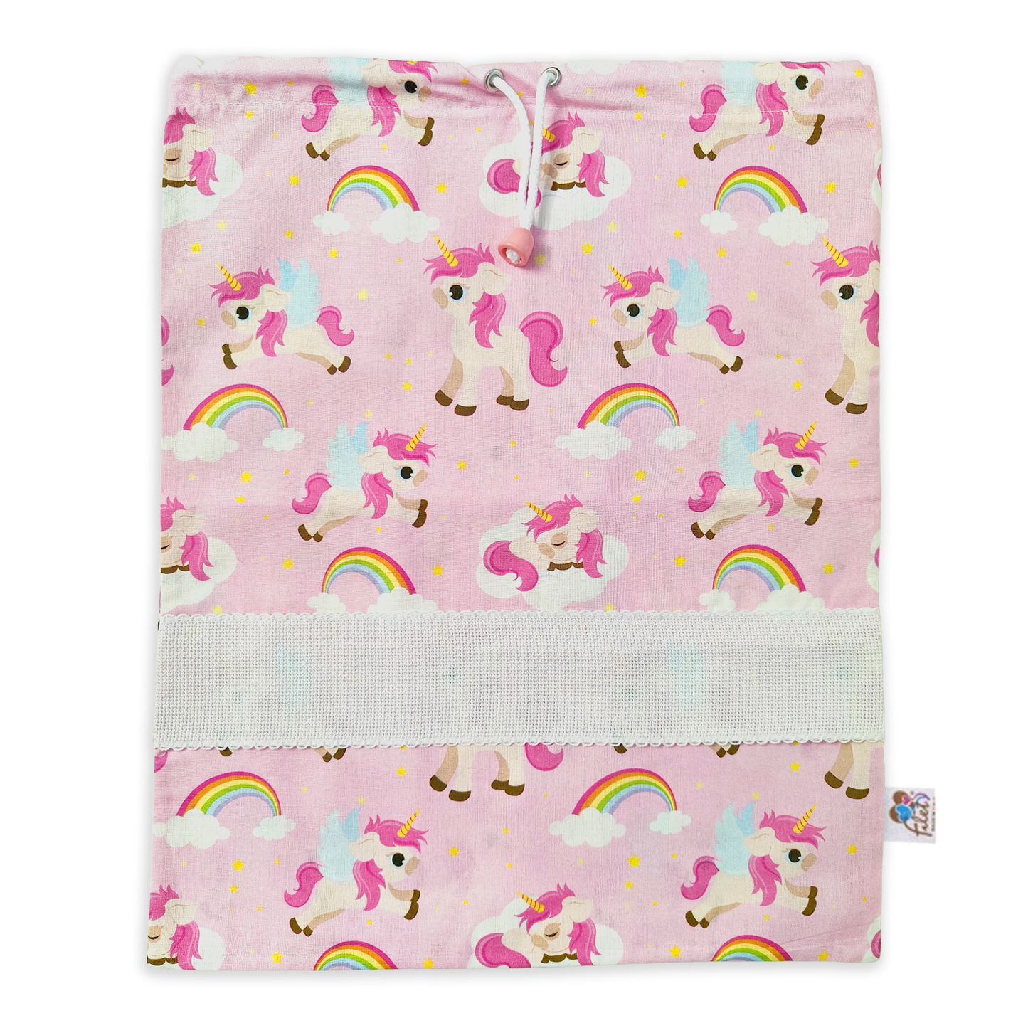 Sacchetto asilo in cotone rosa fantasia unicorni con tela Aida ricamabile