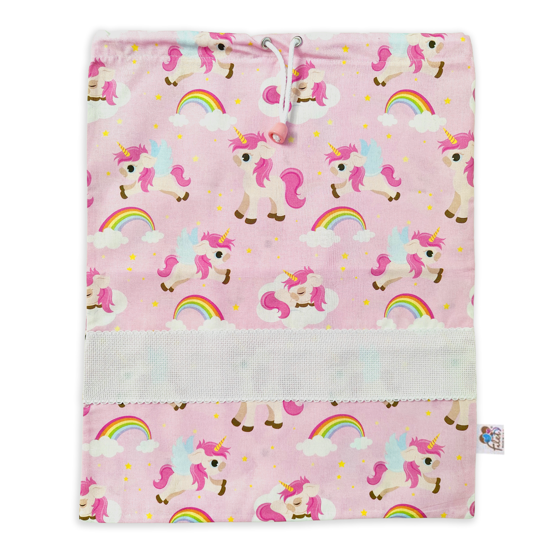 Sacchetto asilo in cotone rosa fantasia unicorni con tela Aida ricamabile