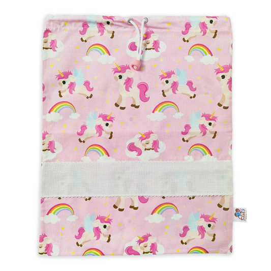 Sacchetto asilo in cotone rosa fantasia unicorni con tela Aida ricamabile