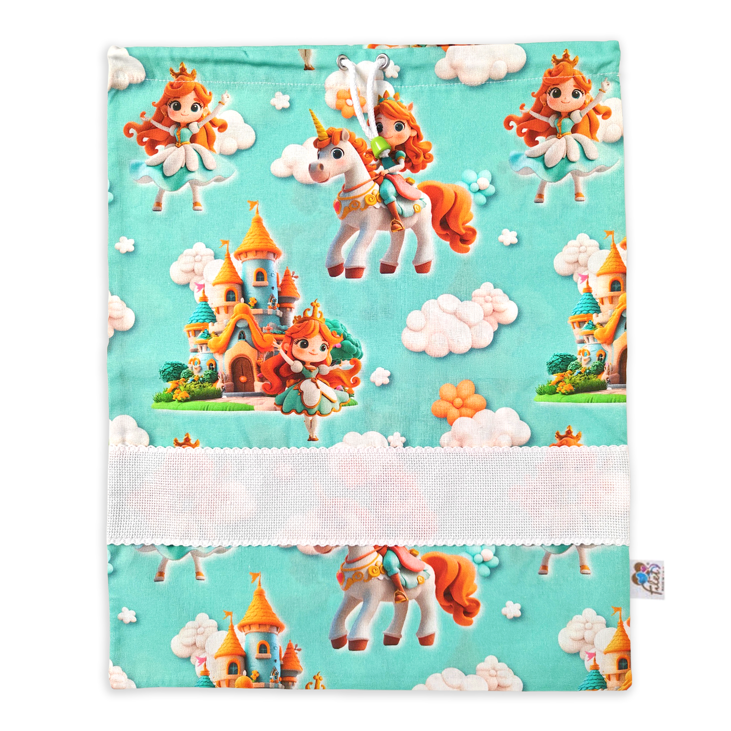 Sacchetto asilo in cotone turchese fantasia principessa e unicorno  con tela Aida ricamabile