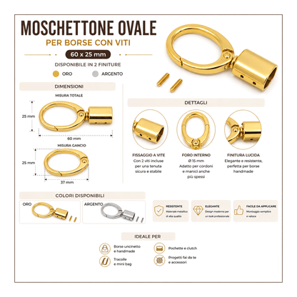 Moschettone Ovale per Borse con Viti 60x25 mm