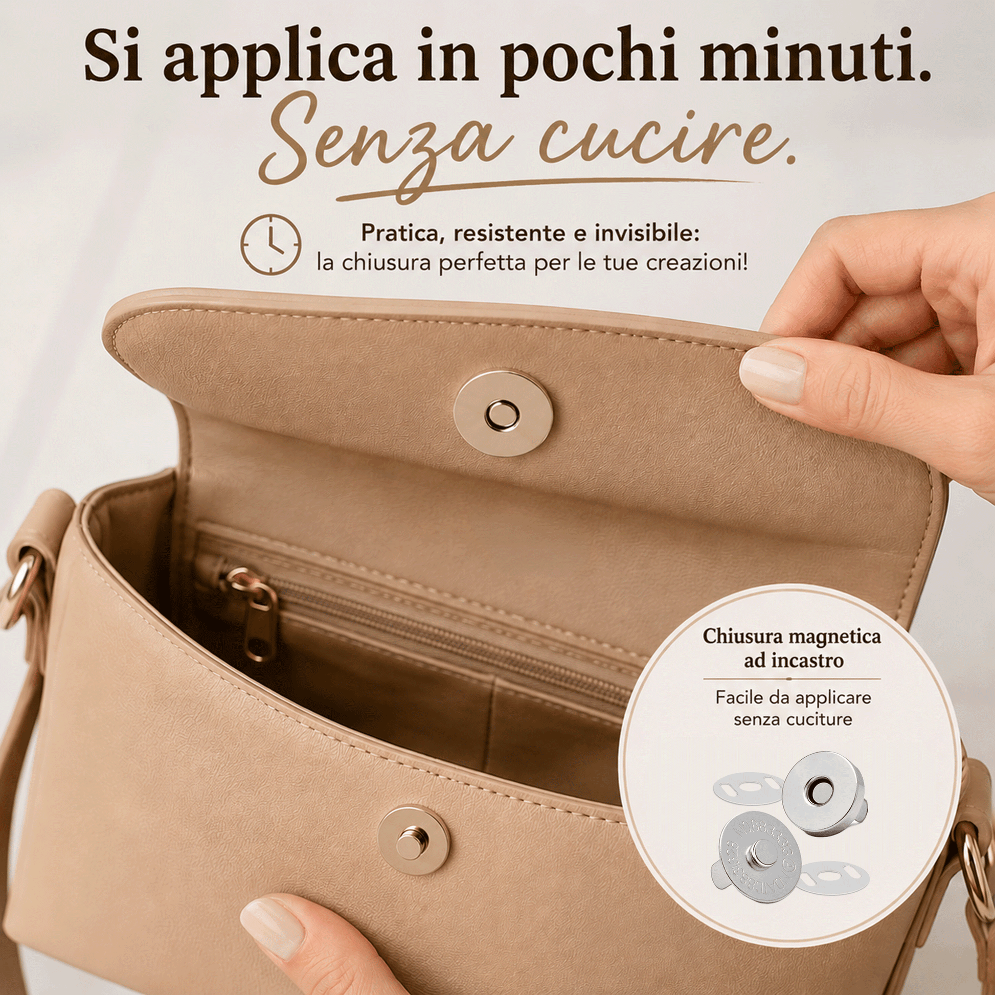 Bottone magnetico ad incastro per borse 18 mm colore argento applicata su borsa