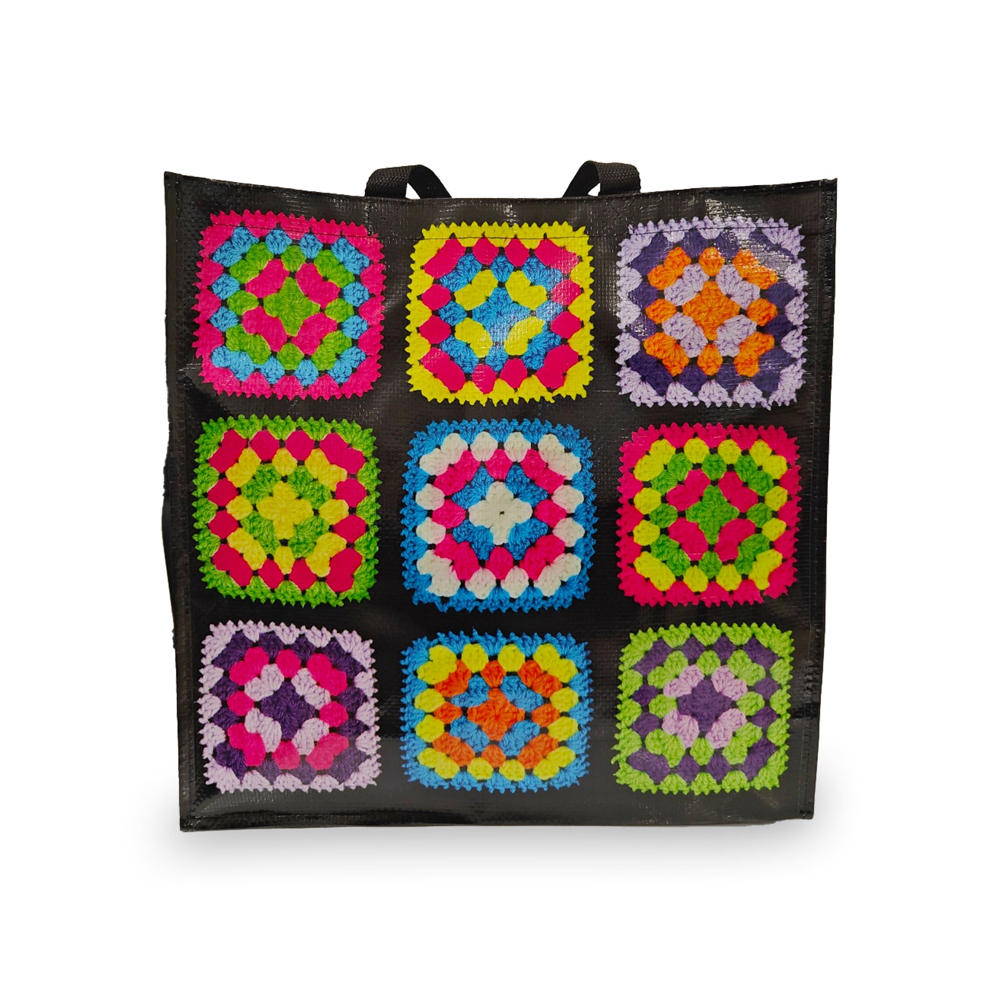 borsa per gomitoli e ferri da maglia con mattonelle uncinetto