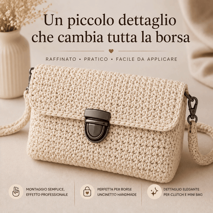 Chiusura a Bottone per Borse con Placchetta ad Incastro – 27x22 mm / 43x30 mm – Oro, Argento e Canna di Fucile