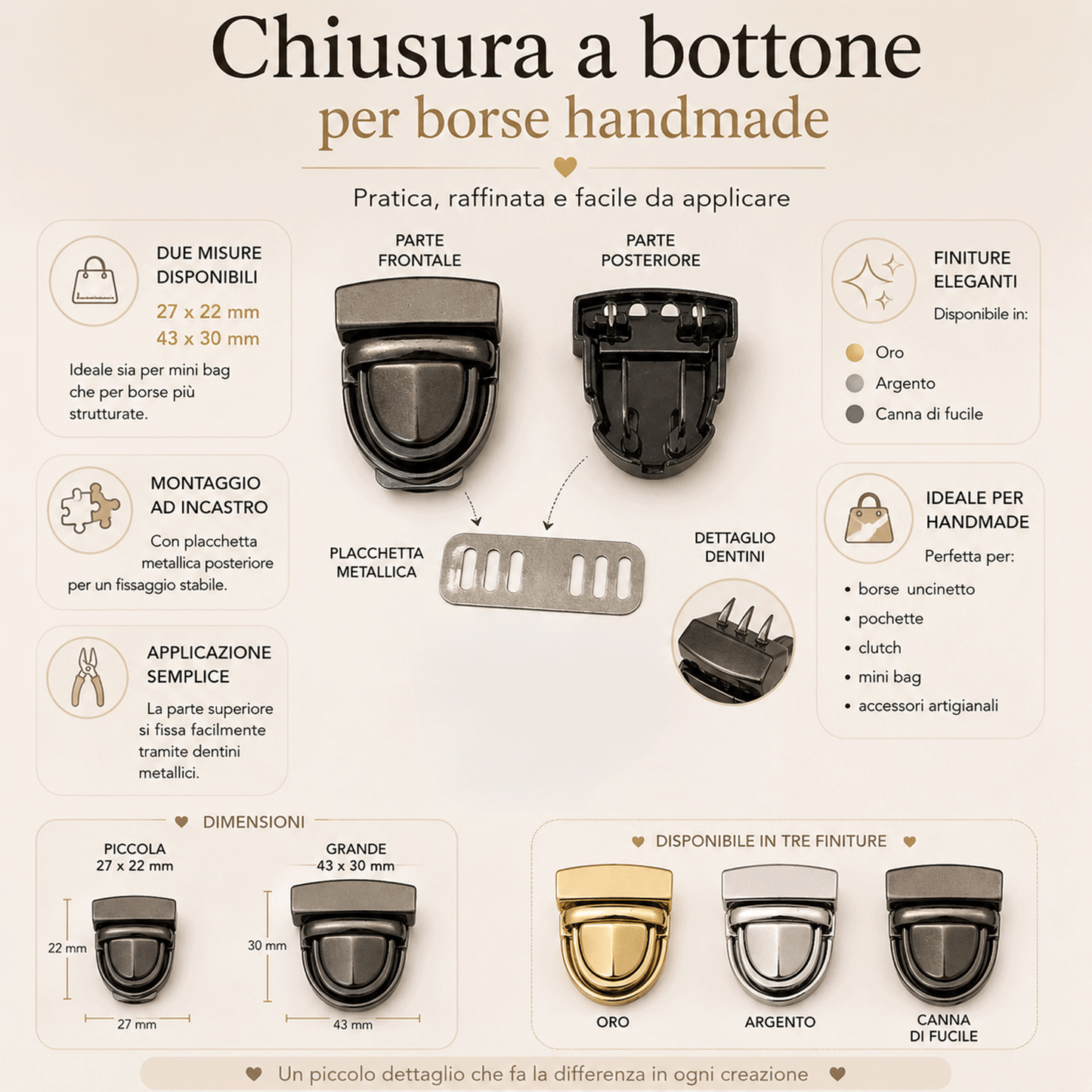 Chiusura a Bottone per Borse con Placchetta ad Incastro – 27x22 mm / 43x30 mm – Oro, Argento e Canna di Fucile