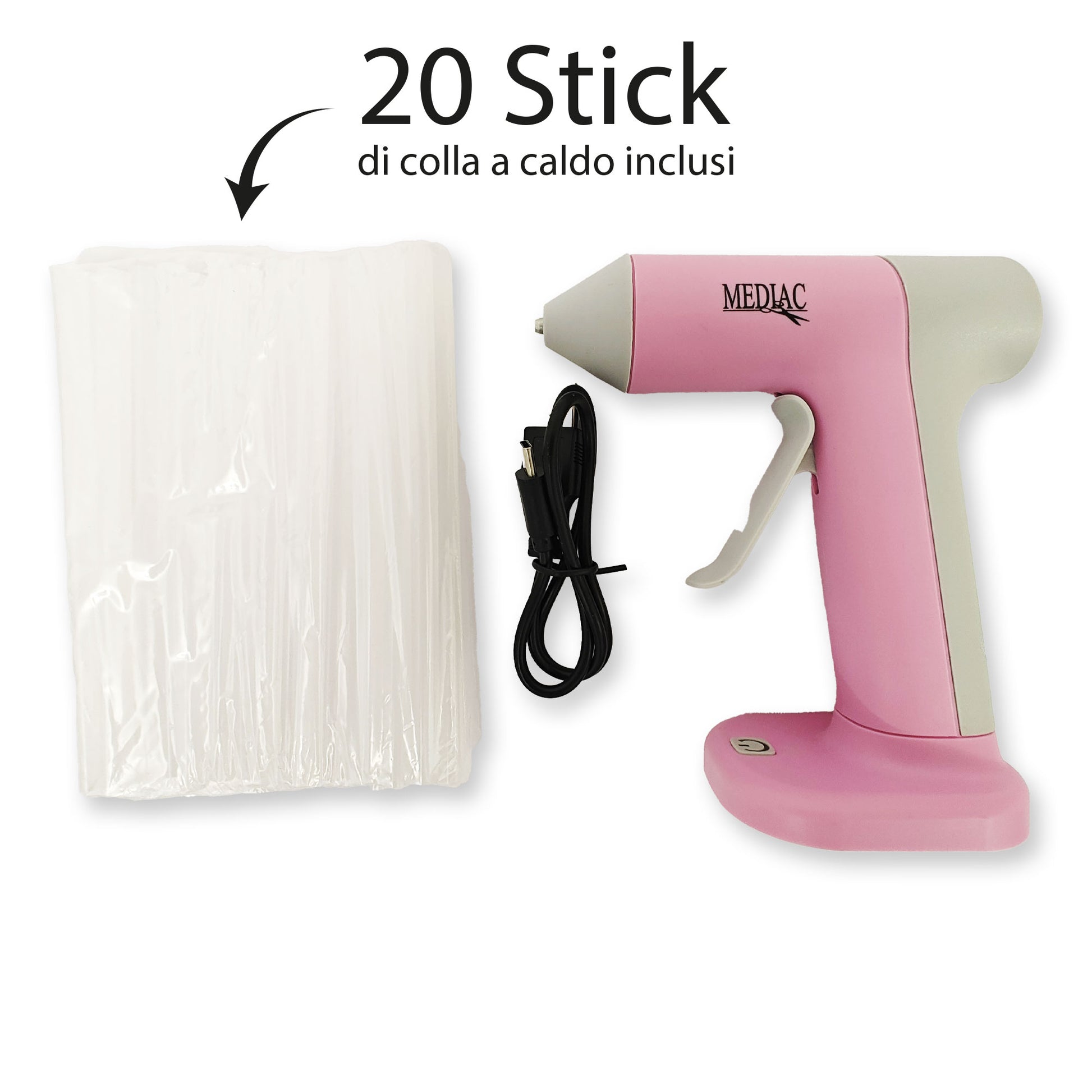 contenuto pistola colla a caldo senza fili usb mediac con stick
