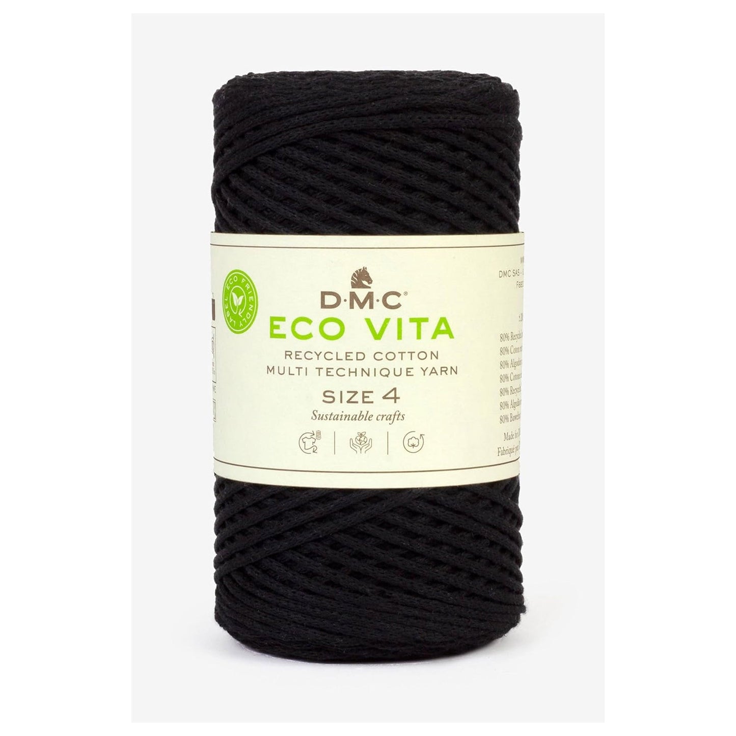 DMC Eco Vita 4 cordino in cotone riciclato 250g per borse e cestini all’uncinetto Nero 72