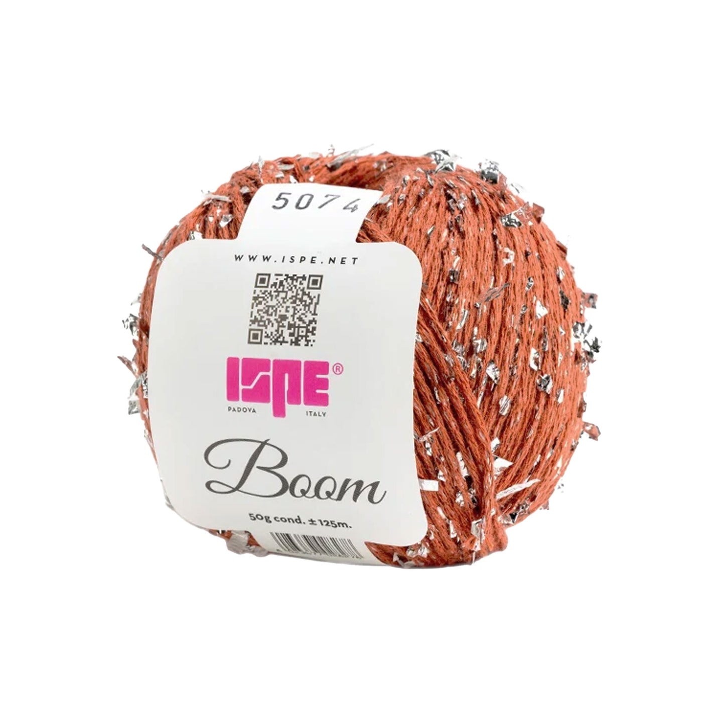 Filato Boom ISPE marrone con fibra metallica argento e cotone per uncinetto e maglia arancio