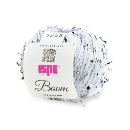 Filato Boom ISPE marrone con fibra metallica argento e cotone per uncinetto e maglia bianco