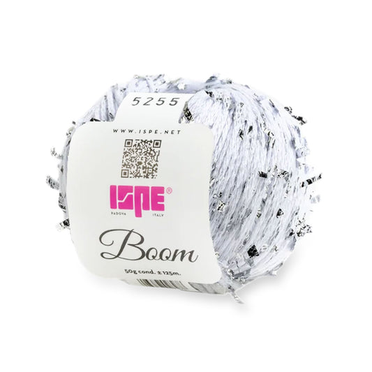 Filato Boom ISPE marrone con fibra metallica argento e cotone per uncinetto e maglia bianco