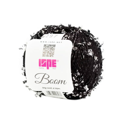 Filato Boom ISPE marrone con fibra metallica argento e cotone per uncinetto e maglia nero