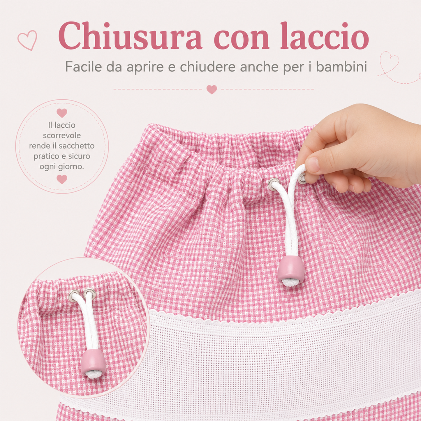 Dettaglio chiusura con laccio del sacchetto asilo Vichy Filet