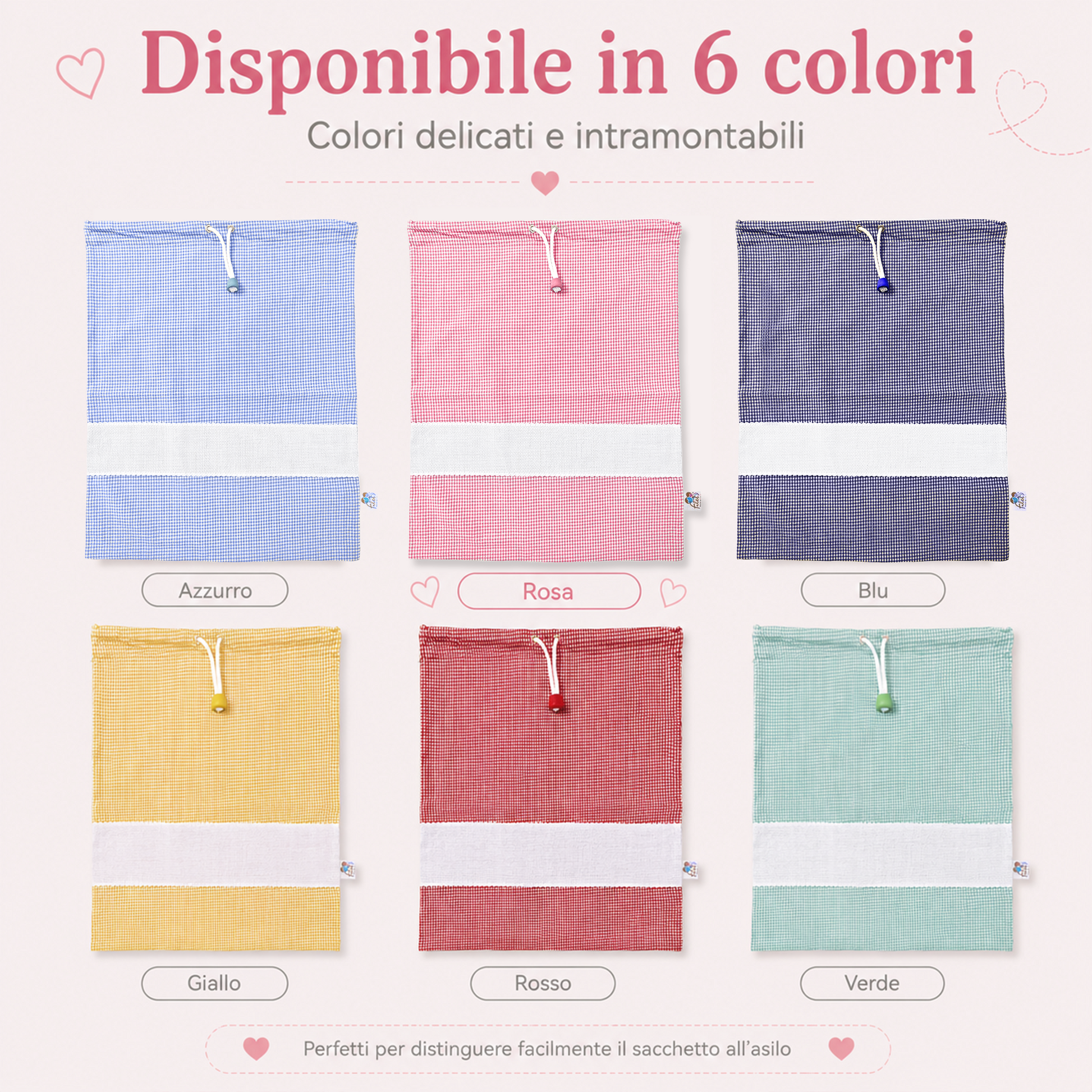 Sacchetti asilo Vichy Filet disponibili in 6 colori assortiti