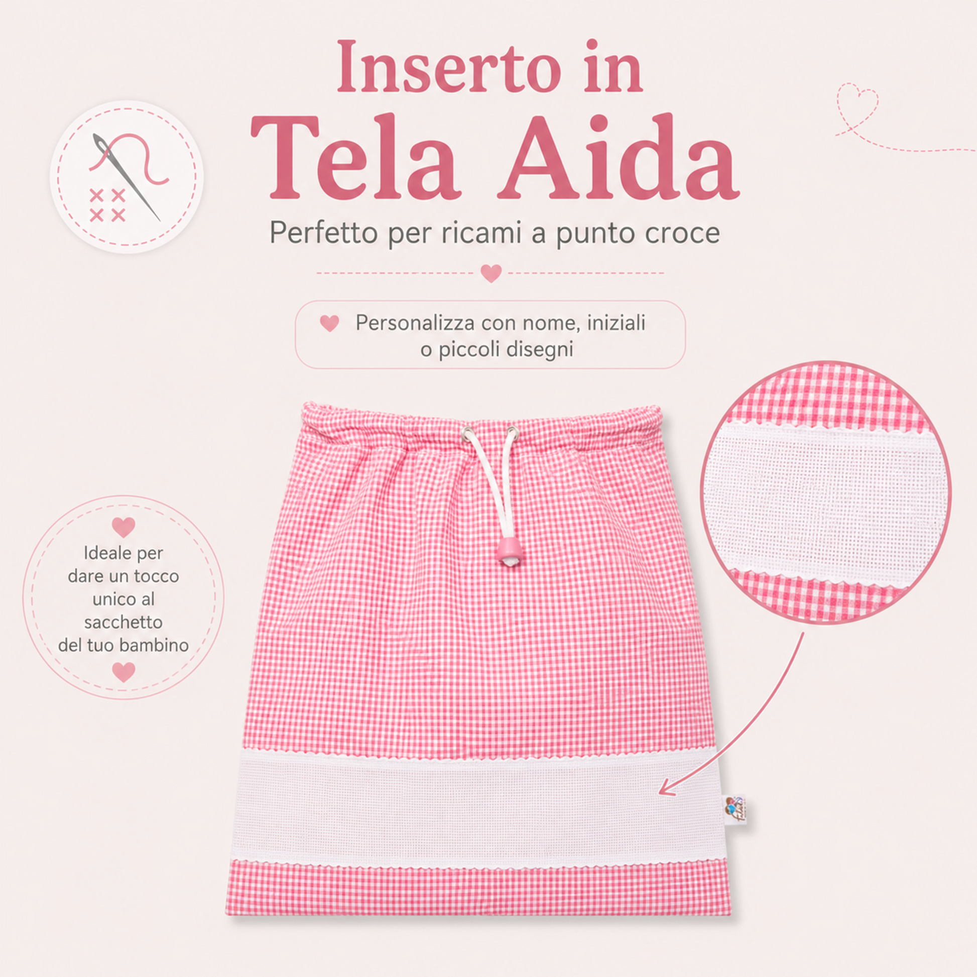 Dettaglio inserto in tela Aida del sacchetto asilo Vichy Filet