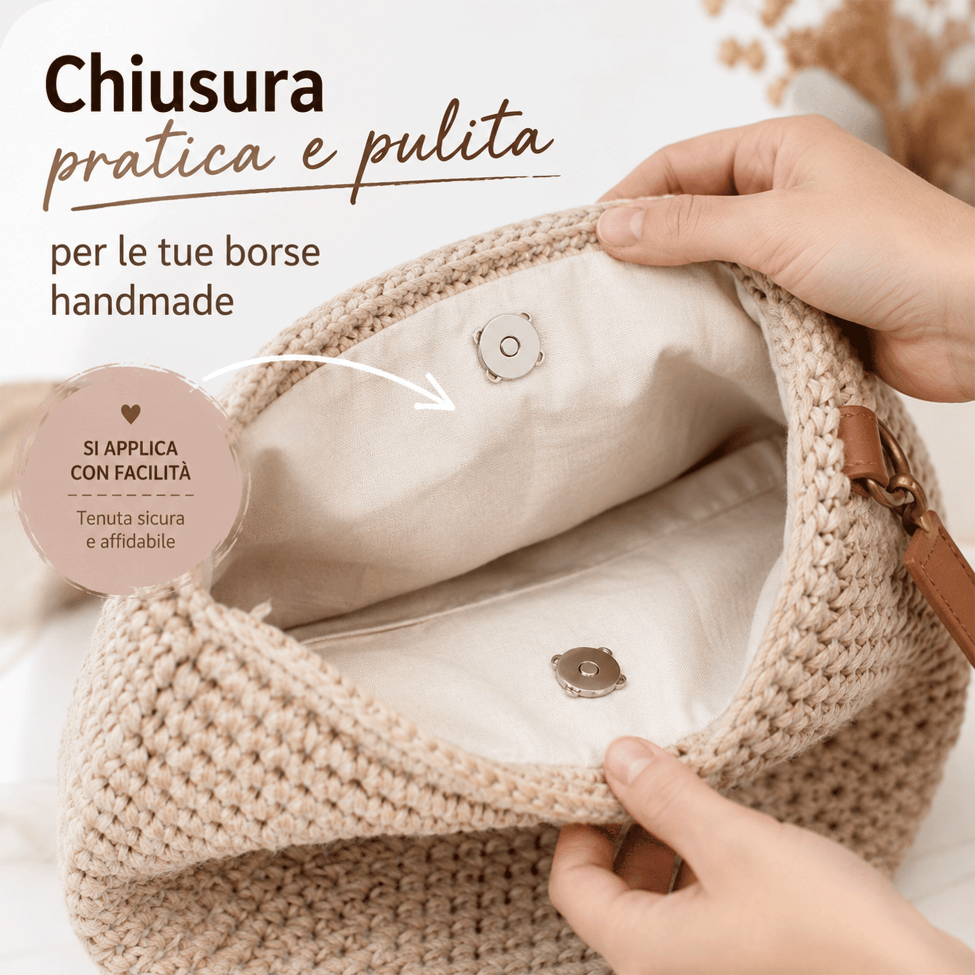 Chiusura magnetica da cucire applicata su borsa in tessuto